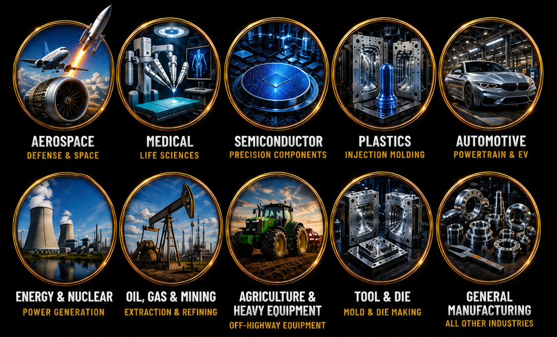 Titan Trades CNC industries: Aerospace, Medical, Semiconductor, Plastics, Automotive, Energy and Nuclear, Oil Gas and Mining, Agriculture and Heavy Equipment, Tool and Die, and General Manufacturing.